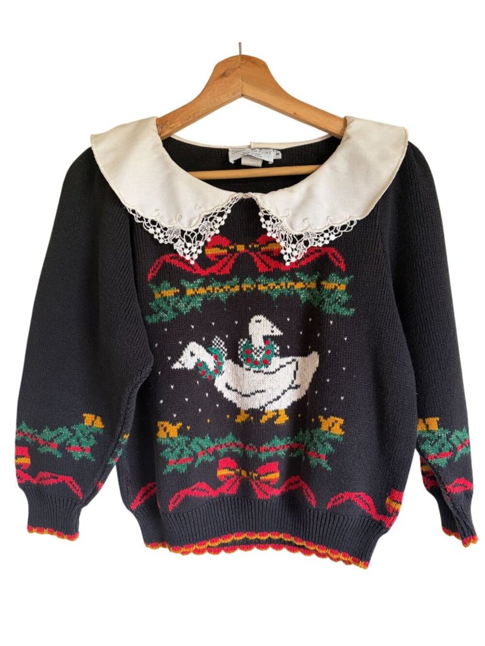 Vintage Sweater Loft Duck Goose Christmas Sweater 90s Lace Collar Made in USA Si